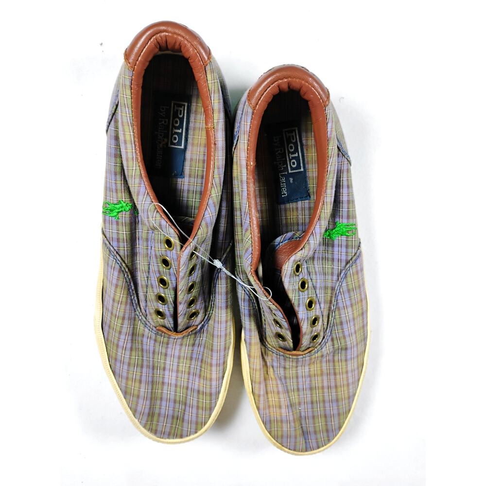 Polo Ralph Lauren Mens Tartan Plaid Fabric Leather Sneakers Size 10D No Laces
